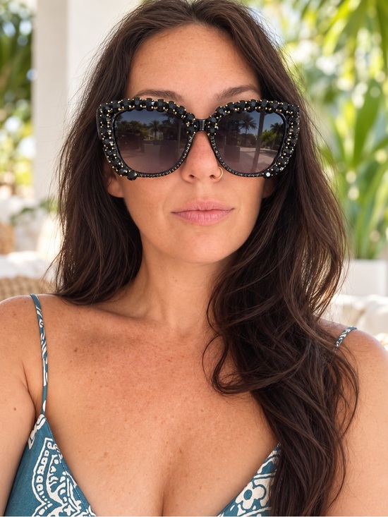 Accessories - Oversized Black Rhinestone Jeweled Sunglasses Gold Tone Glam Statement W3463